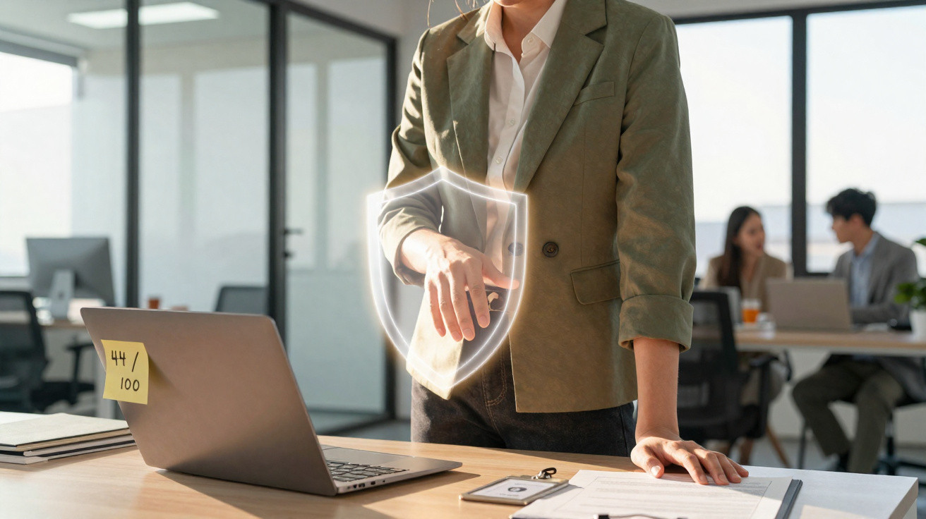 Businesswoman standing by laptop with digital shield symbolising data protection in modern office environment