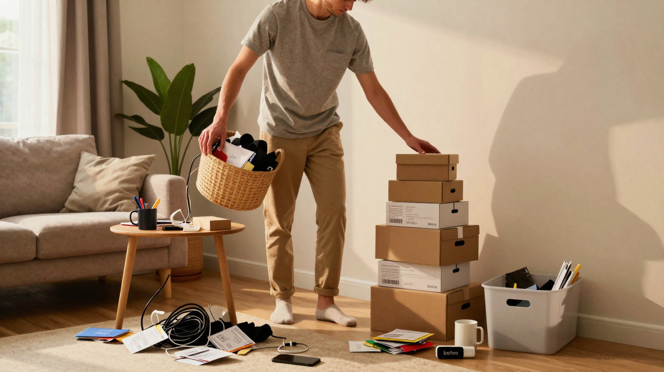 Person organising stacked shoeboxes in a living room with scattered papers and cables on the floor.