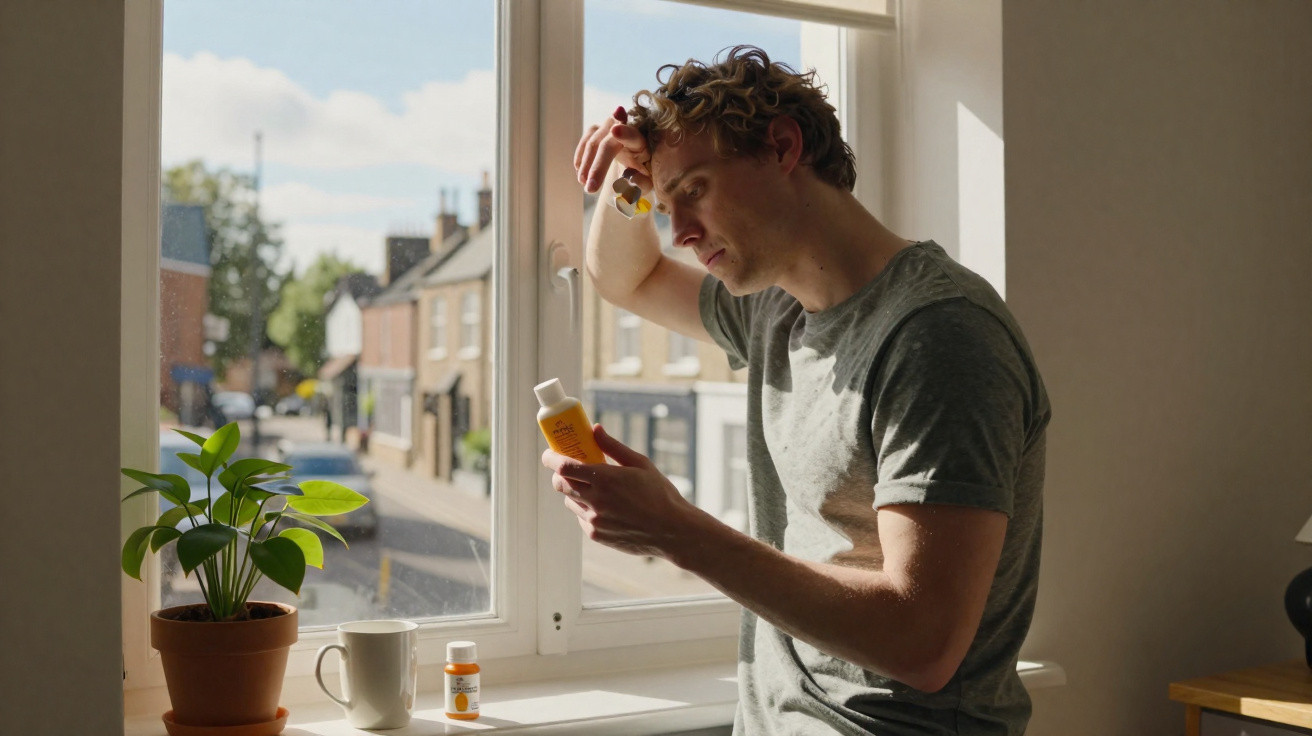 Man reading label on pill bottle by a window with sunlight, a plant, and a mug on the windowsill.