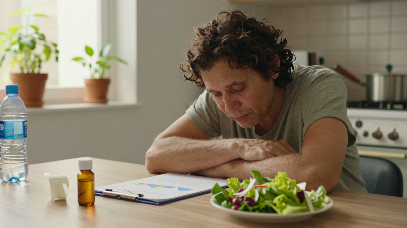 Man with curly hair looking at a clipboard with papers, sitting at a table with a salad and medicine bottle.