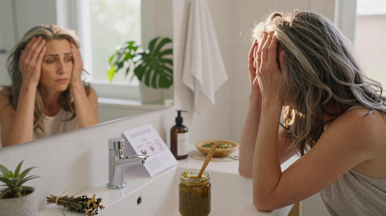 Woman with grey hair looking stressed and holding her head at a bathroom sink with skincare products visible