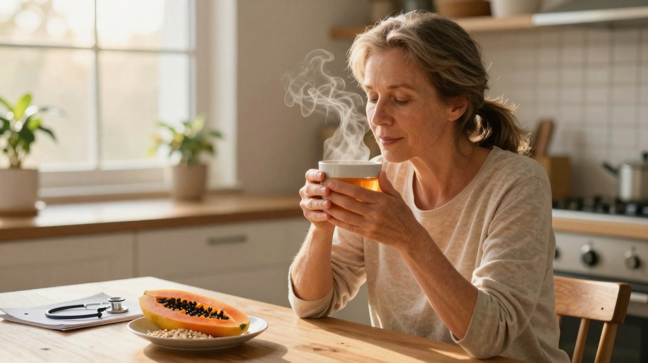 Middle-aged woman enjoying a hot drink at a kitchen table with papaya and a stethoscope nearby.