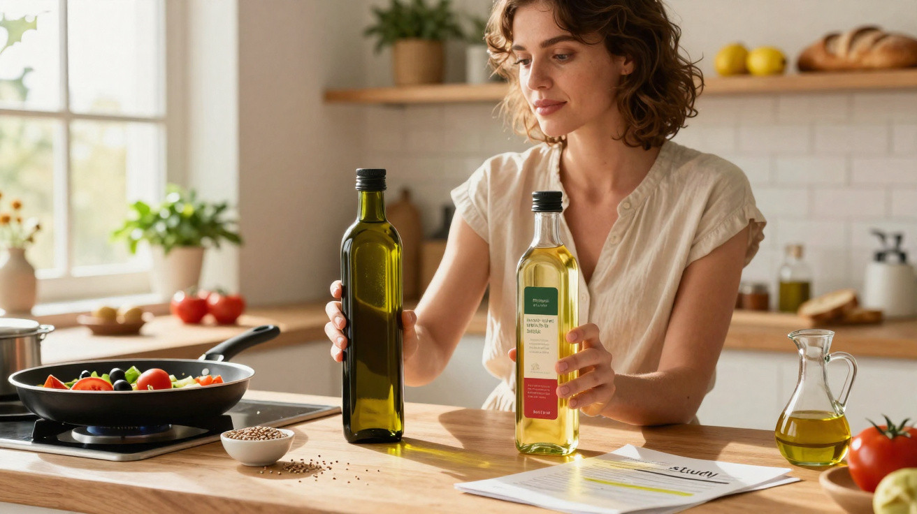 Woman comparing two bottles of oil while cooking in a bright, modern kitchen.