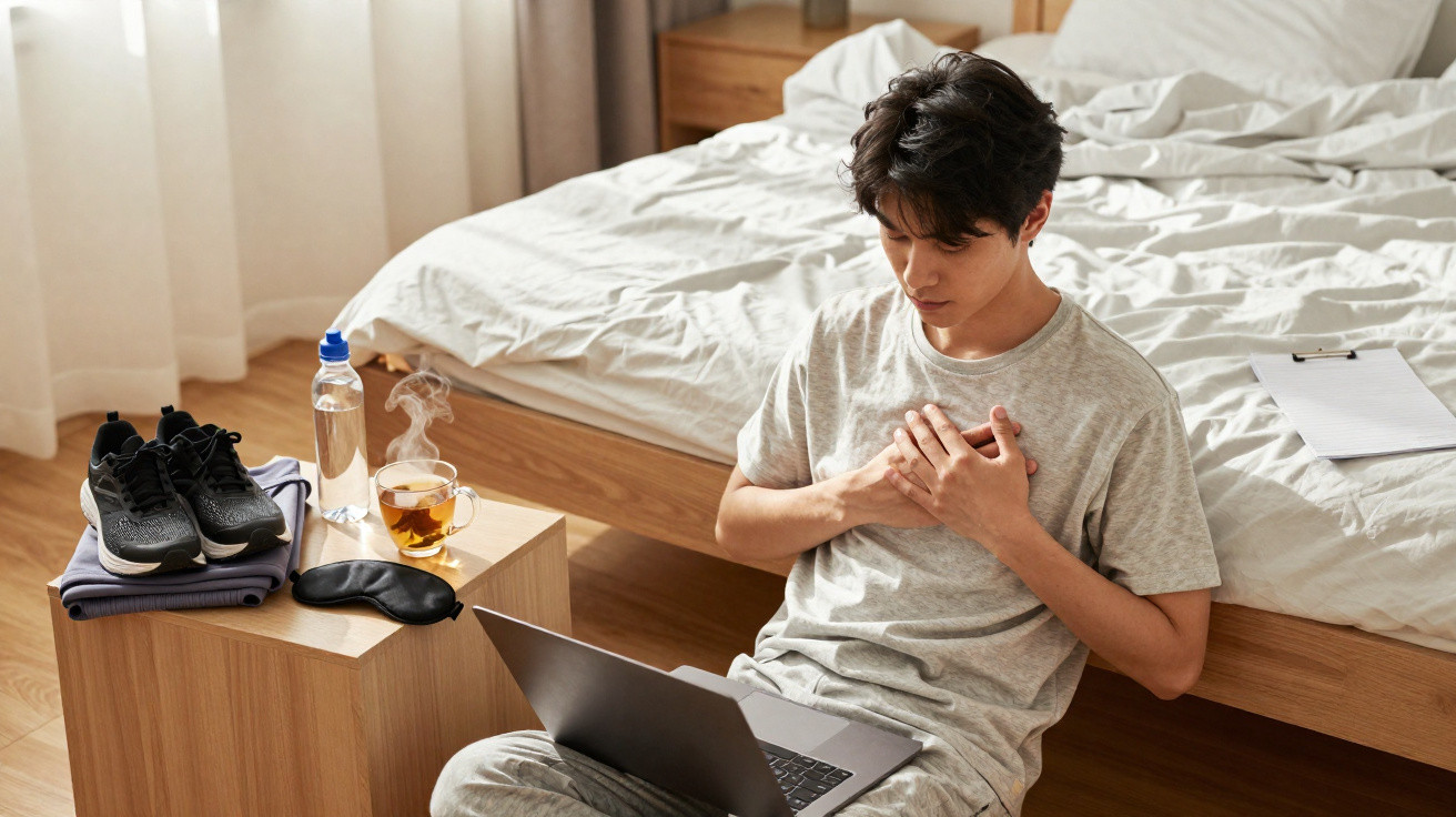 Young man sitting on bedroom floor holding chest in discomfort, with laptop and a cup of tea nearby.