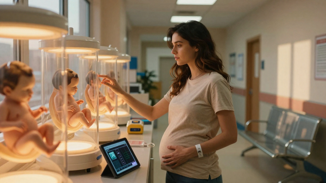 Pregnant woman touching glass container with a baby doll inside in a clinical hallway.