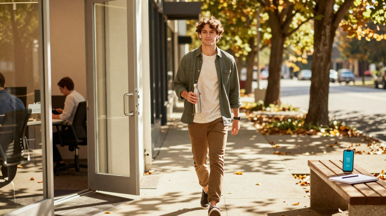 Young man walking on a sunlit urban sidewalk holding a reusable water bottle, trees and office building in background.