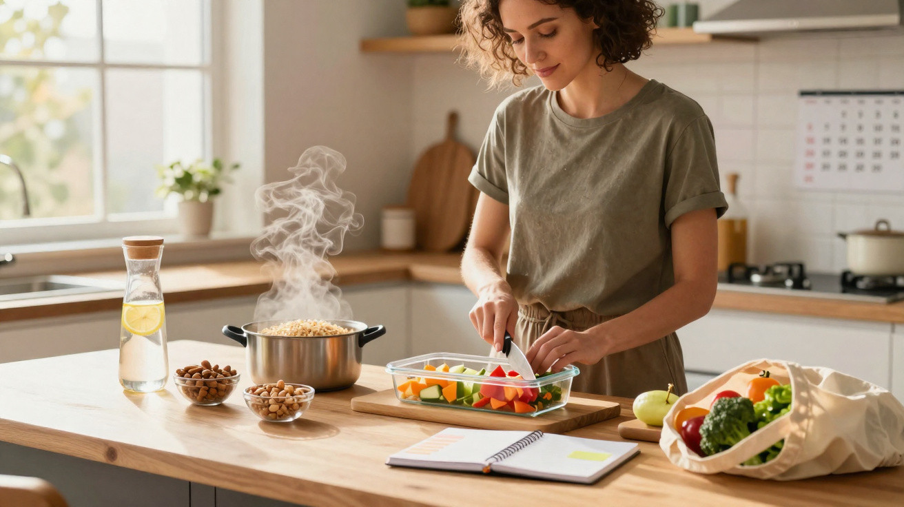 Woman chopping fresh vegetables on a wooden board in a bright modern kitchen with cooking pot and ingredients nearby