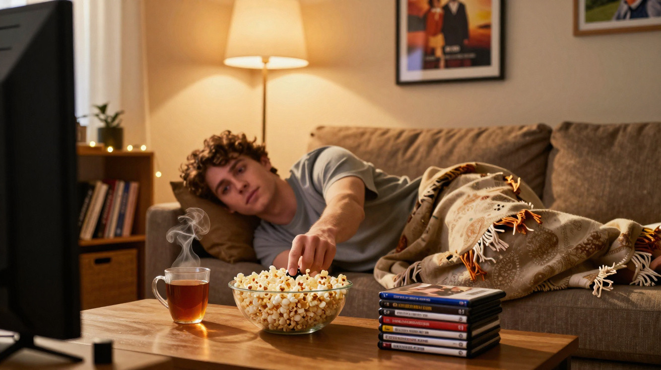 Curly-haired man lying on a sofa covered with a blanket, reaching for popcorn while watching TV in a cosy living room.