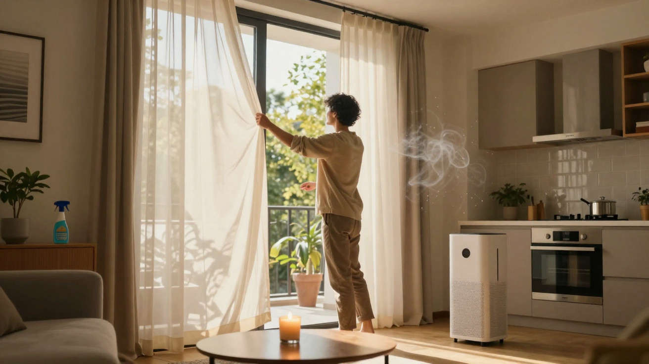 Person opening curtains in a sunlit living room with an air purifier and smoke near the kitchen area.