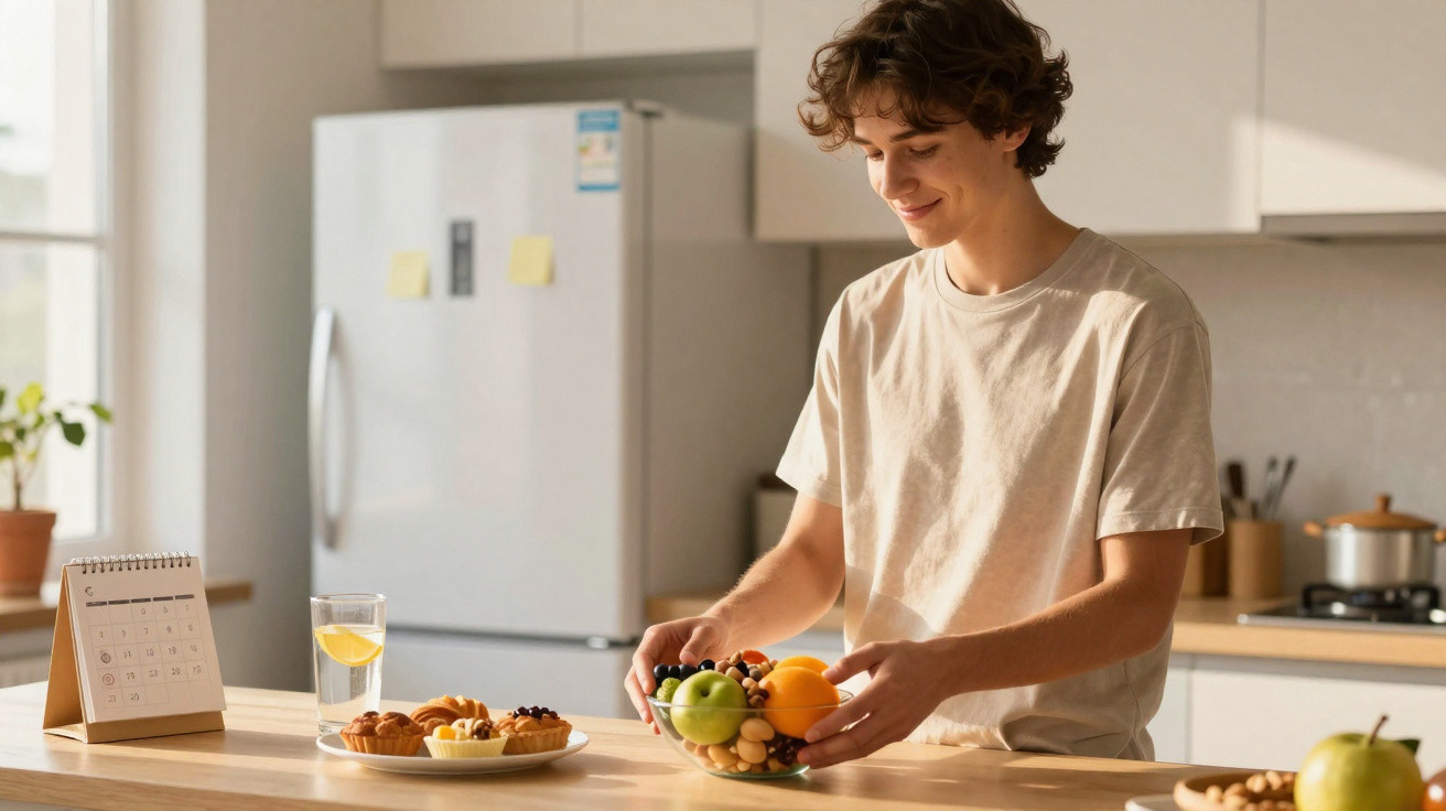 Young man arranging fruit bowl on kitchen counter with pastries and calendar nearby