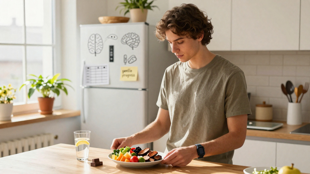 Young man in casual clothes preparing a healthy meal at a bright kitchen table with plants and fridge in the background