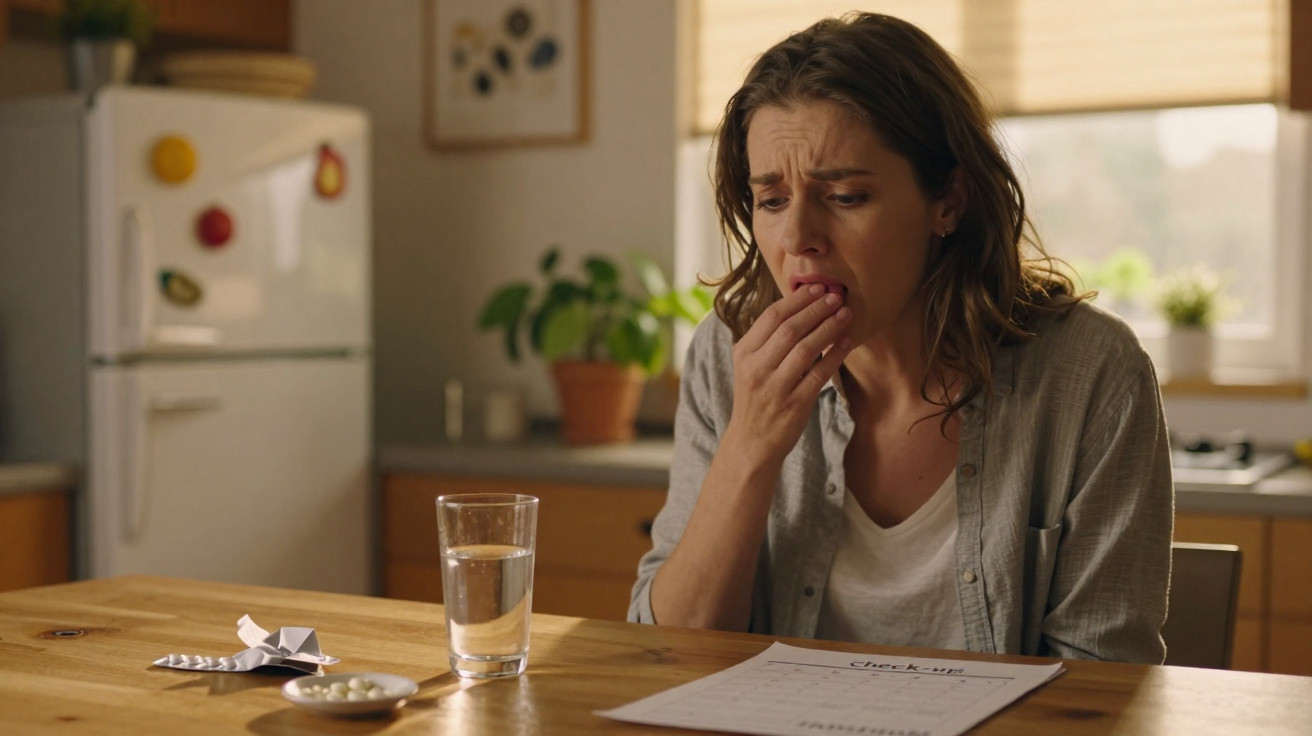 Worried woman looking at medical documents with pills and a glass of water on the table in a kitchen.