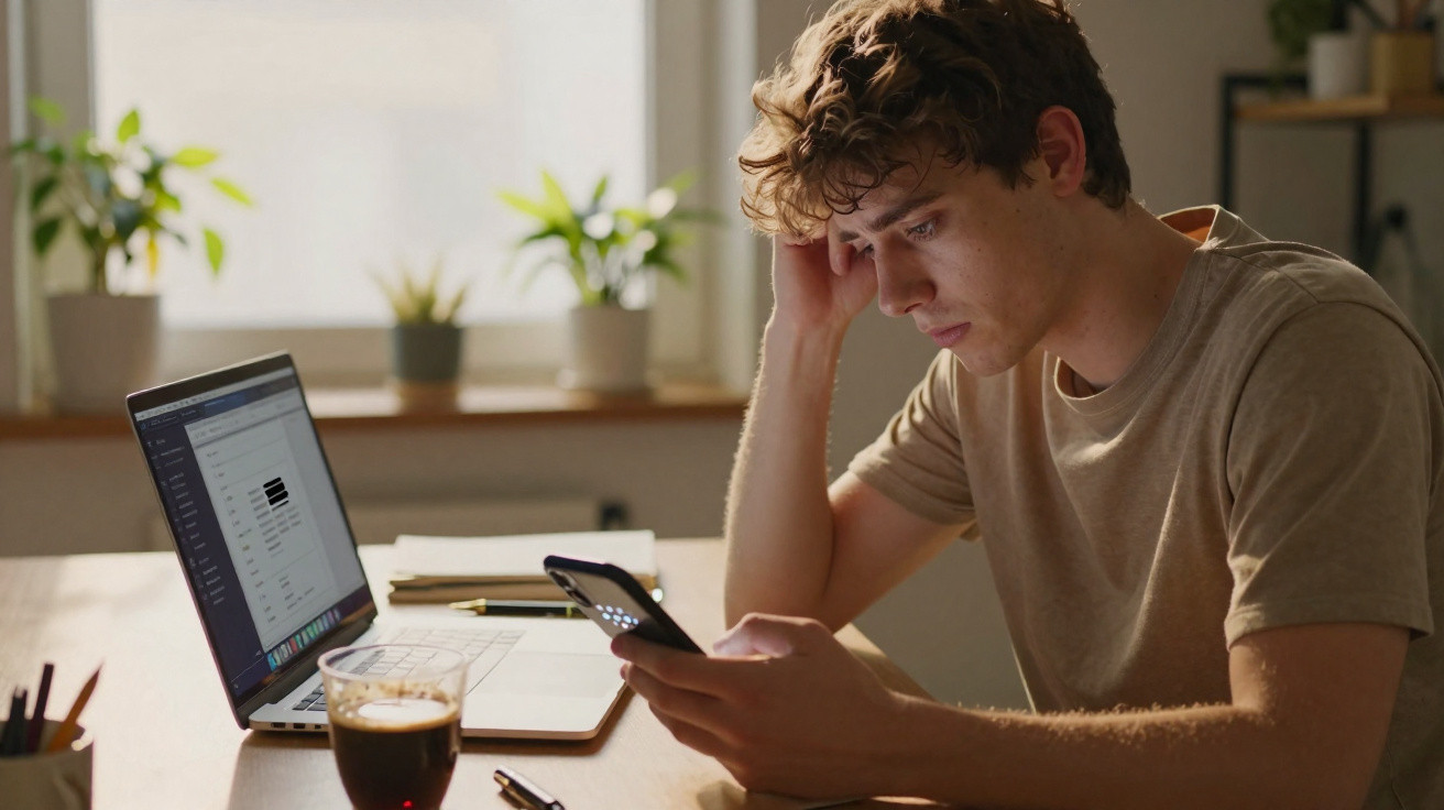 Young man looking stressed while using smartphone at desk with laptop and coffee in softly lit room
