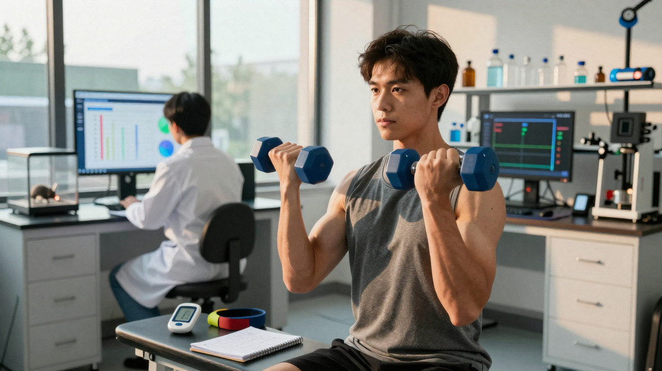 Young man lifting blue dumbbells in a lab setting with scientist analysing data on computer in background.
