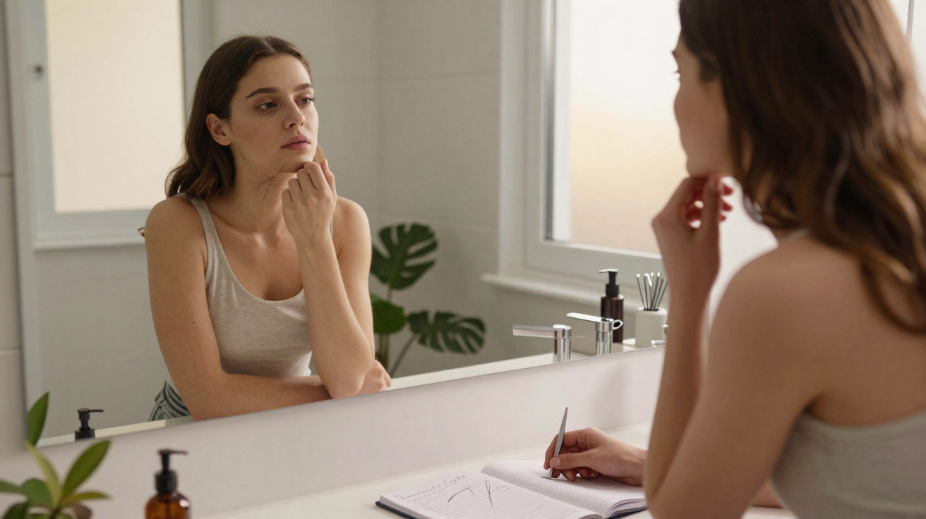 Young woman in a tank top looking thoughtfully at herself in the bathroom mirror with a notebook and pen on the counter.
