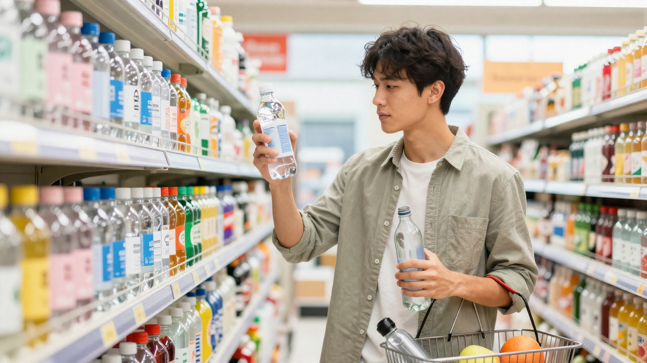 Young man holding two bottles of water while shopping in a supermarket aisle filled with drinks.