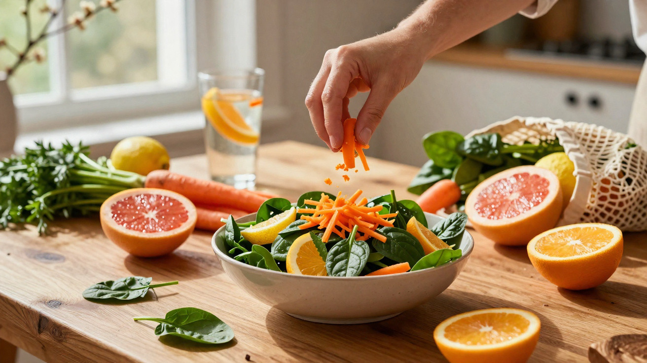 Hand sprinkling grated carrot onto spinach and citrus salad in a bowl on wooden table with fresh produce.