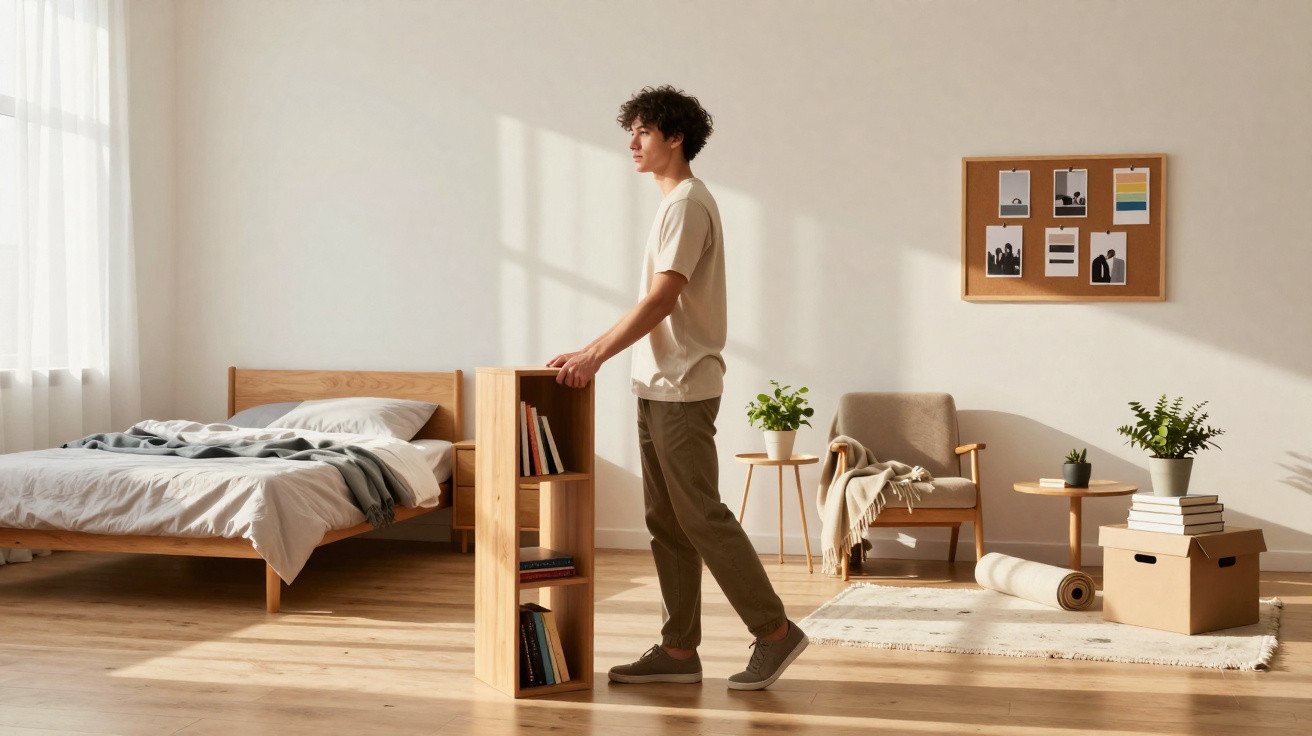 Young man assembling wooden furniture in a bright, minimalist bedroom with natural light and plants.