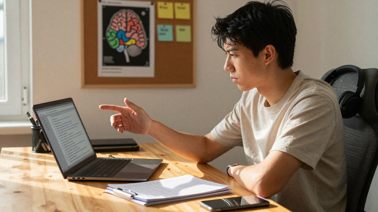 Young man pointing at laptop screen while sitting at a wooden desk with notes and smartphone.