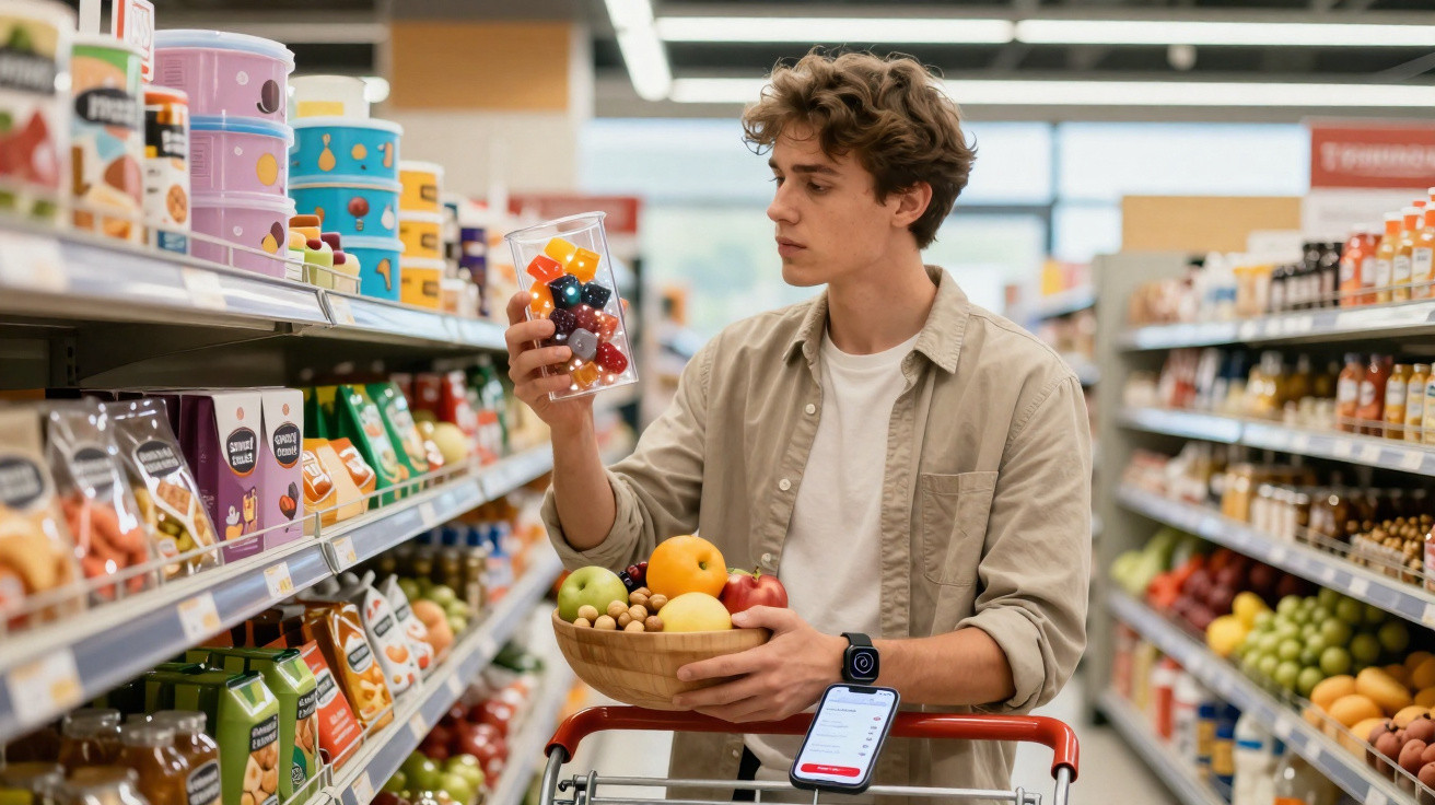 Young man holding a bowl of fruit and examining a container of colourful gumballs in a supermarket aisle.