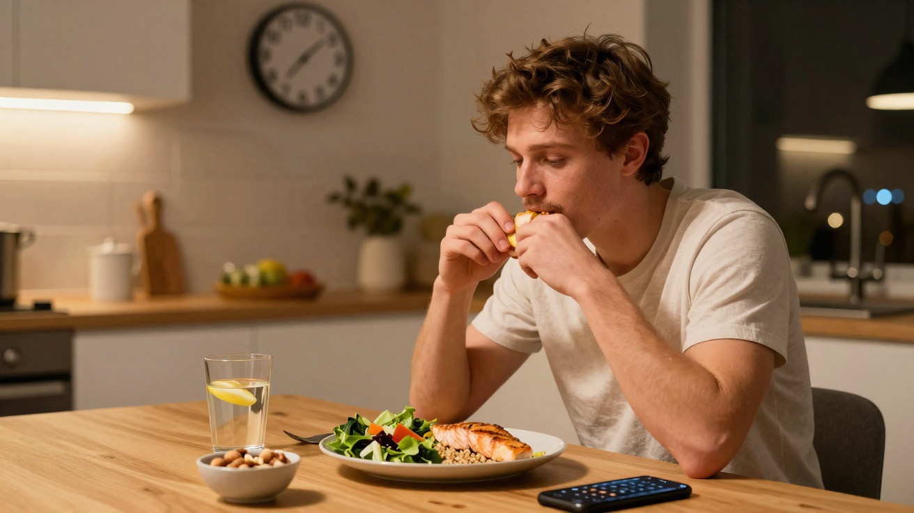 Young man eating dinner at a kitchen table with salmon, salad, nuts, and a glass of lemon water.