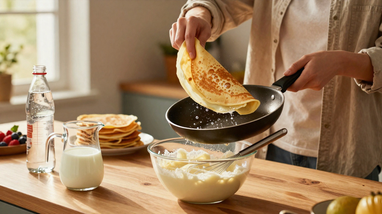 Person folding a crepe dripping filling into a bowl on a kitchen counter with milk and a plate of crepes.