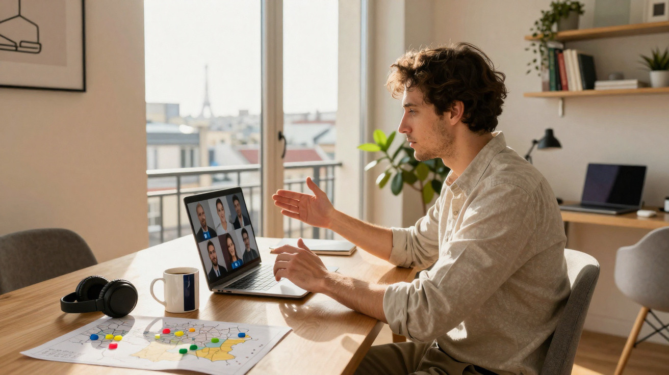 Man participating in a video conference call on laptop at a wooden table with map and headphones.
