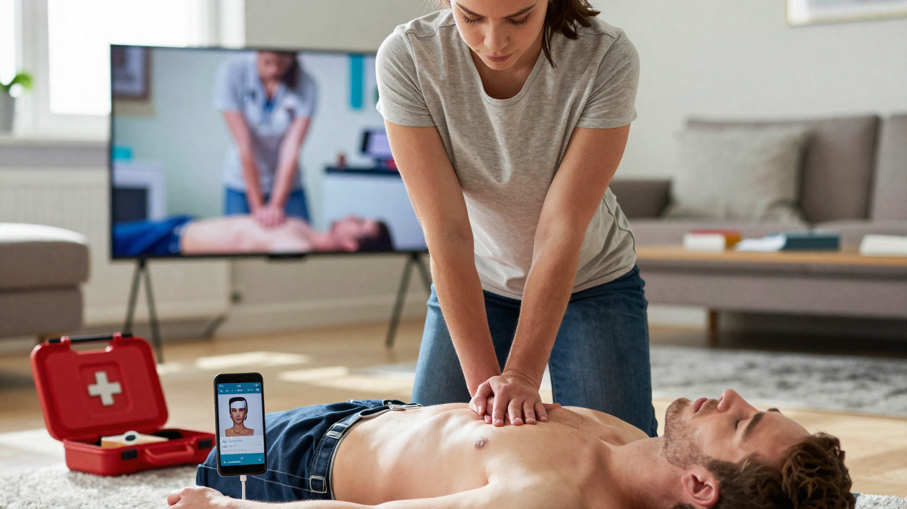 Woman performing CPR on a man lying on the floor, following instructions on a smartphone and TV screen.