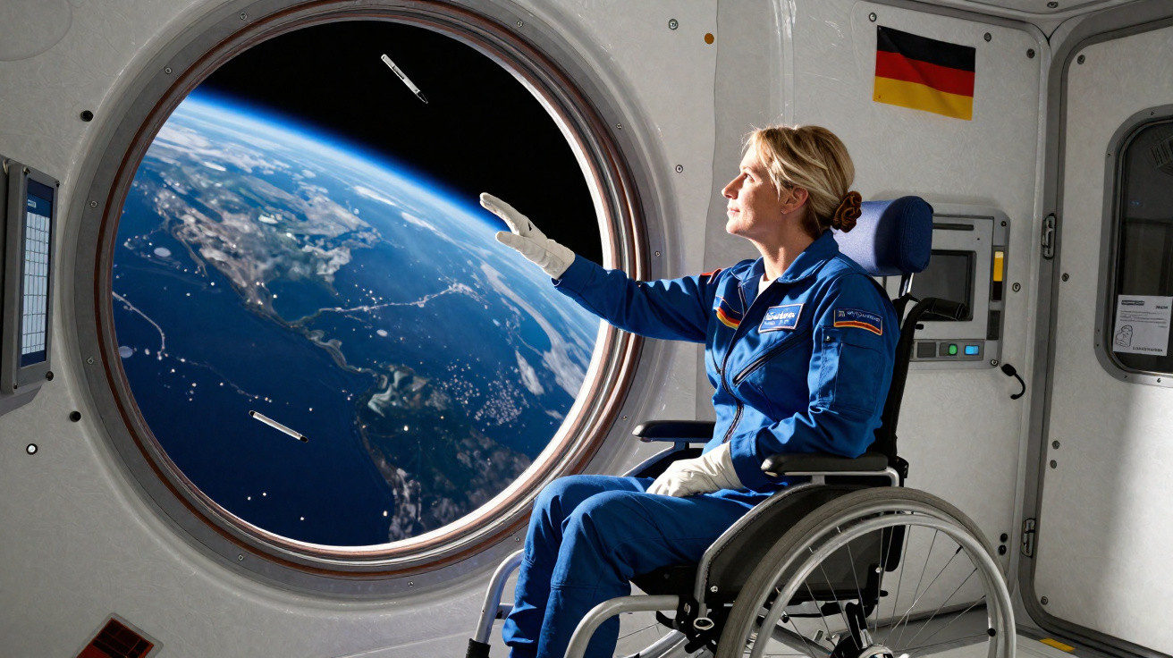 Astronaut in wheelchair reaches out to Earth through a spacecraft window with a German flag inside.