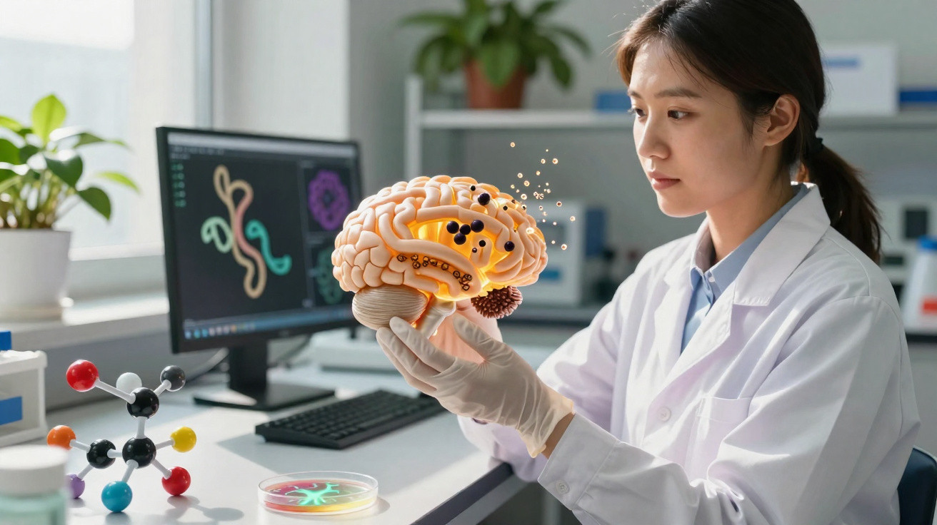 Scientist in lab coat examining a holographic brain model with molecular structures on a desk and monitor.