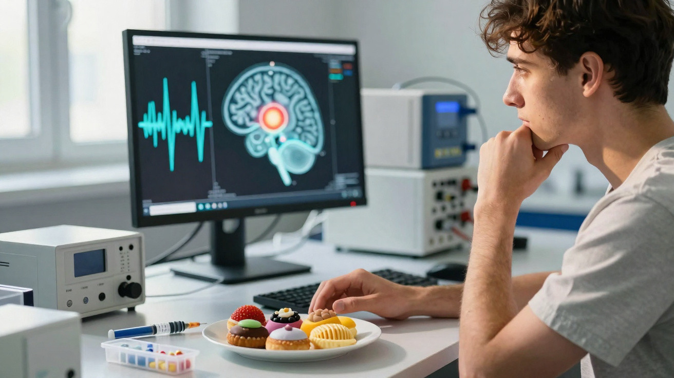 Young man studies brain activity on a screen while sitting at a desk with a plate of assorted pastries.