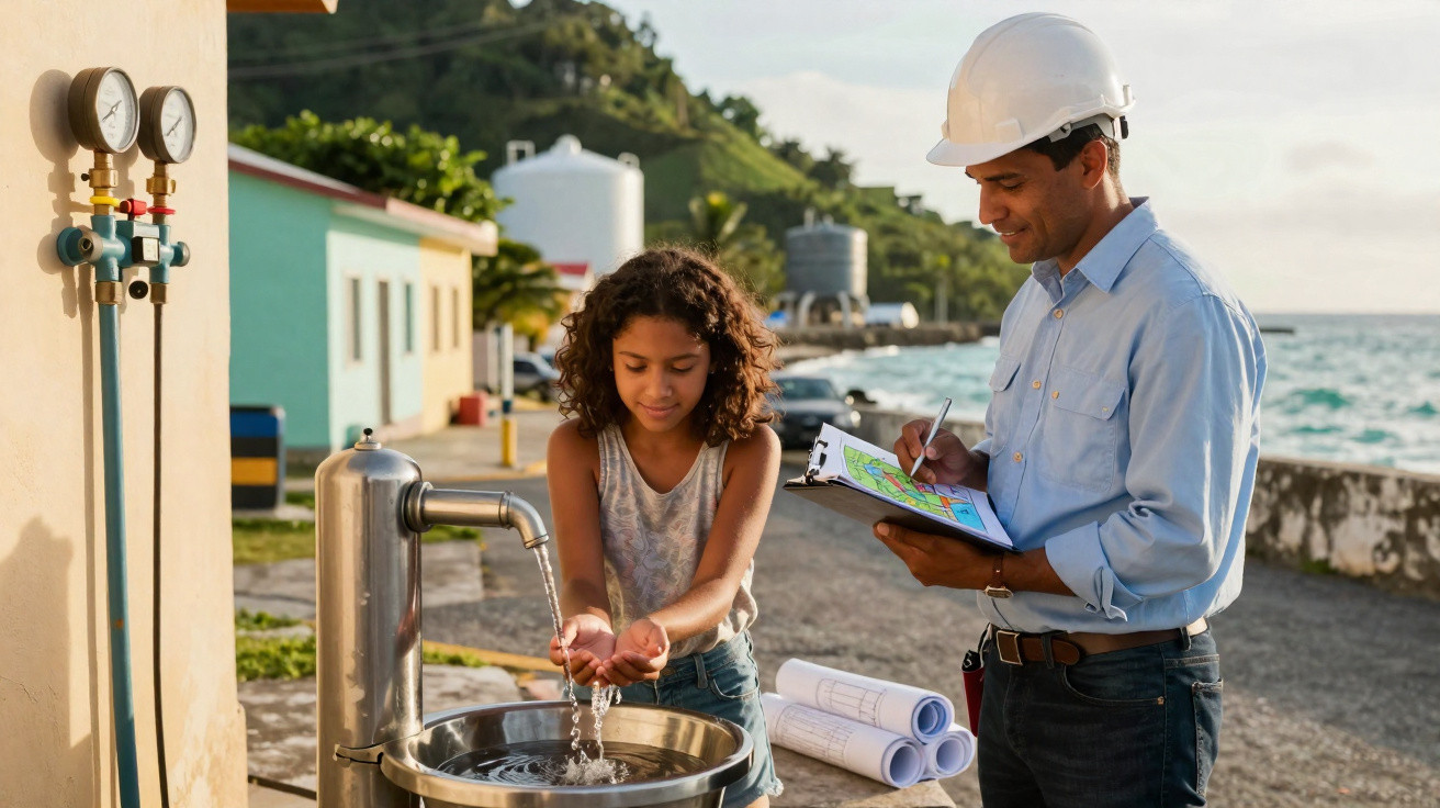 Engineer observing young girl washing hands at outdoor water tap near coastal area with buildings and hills in background