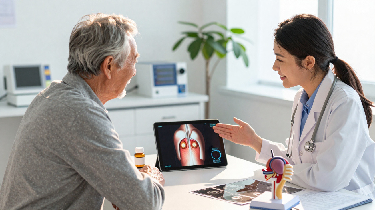 Doctor explaining lung scan results to elderly male patient in a bright medical office.
