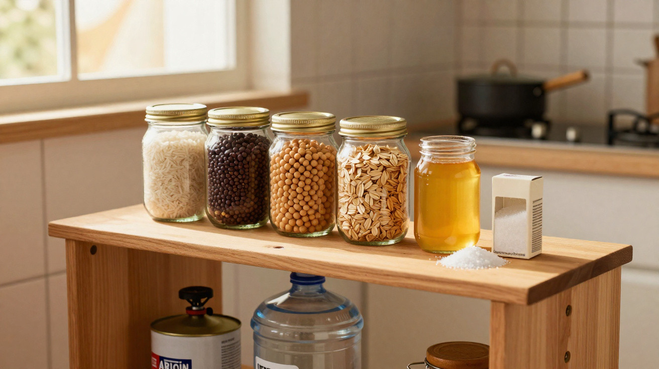 Glass jars filled with rice, beans, chickpeas, oats, and honey on a wooden kitchen shelf near a window.