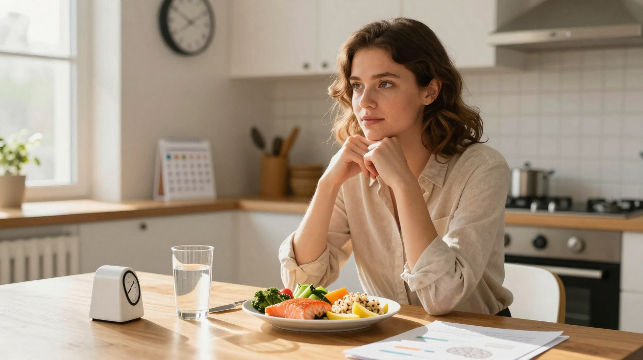 Young woman sits thoughtfully at a kitchen table with a healthy meal, glass of water, and documents nearby.