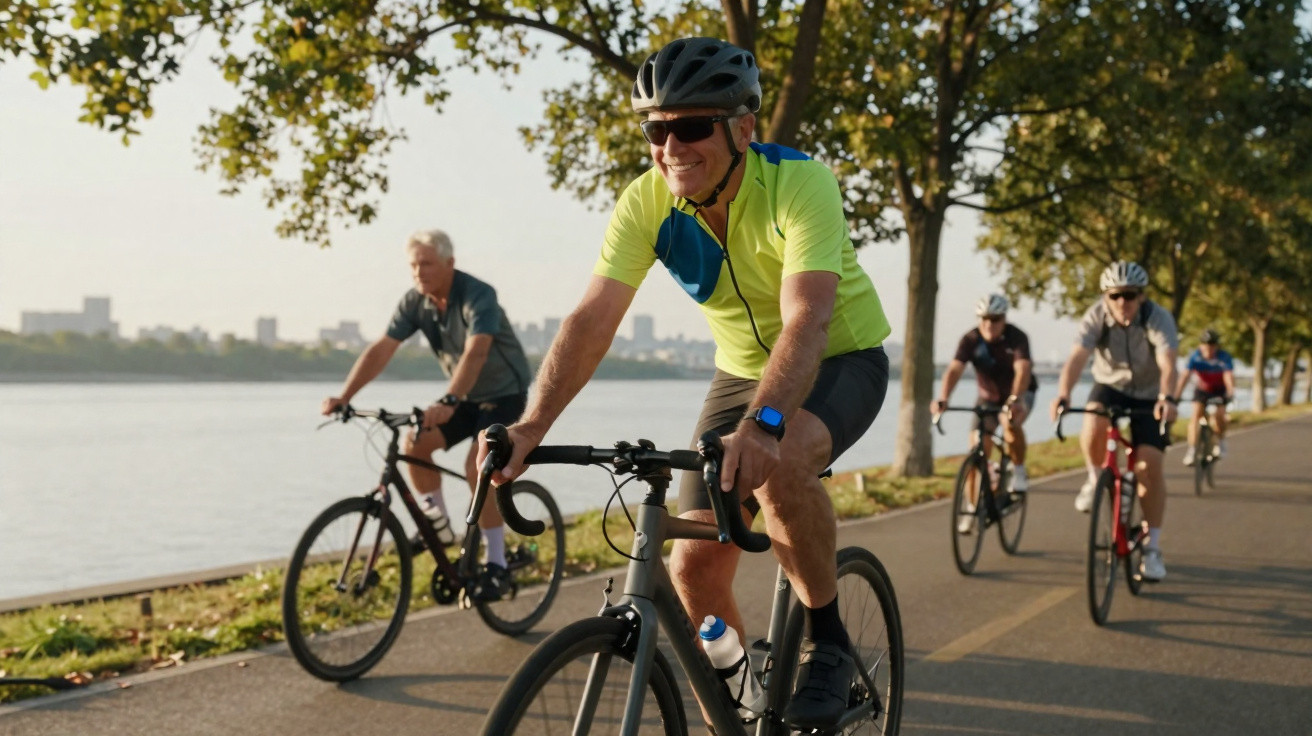 Group of older adults cycling along a riverside path on a sunny day with trees lining the route.