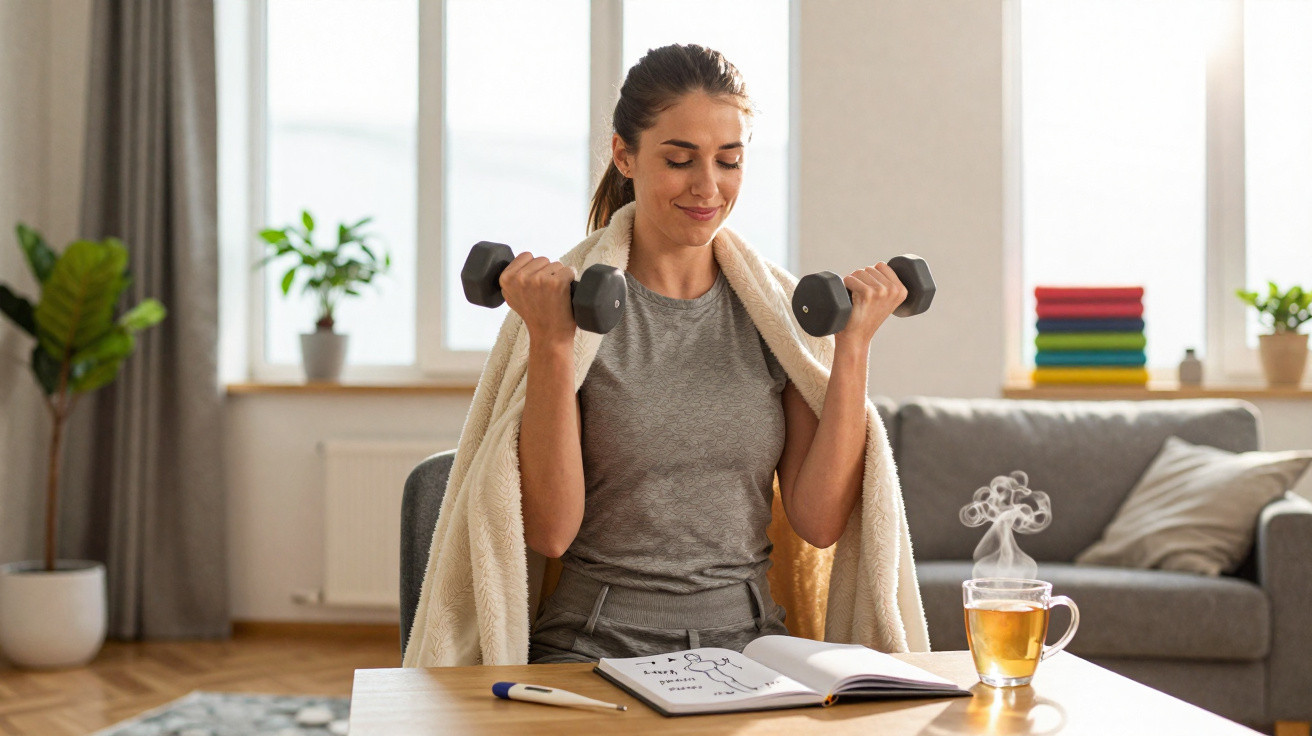 Woman lifting dumbbells at home with a towel over her shoulders, seated at a table with a notebook and steaming tea.