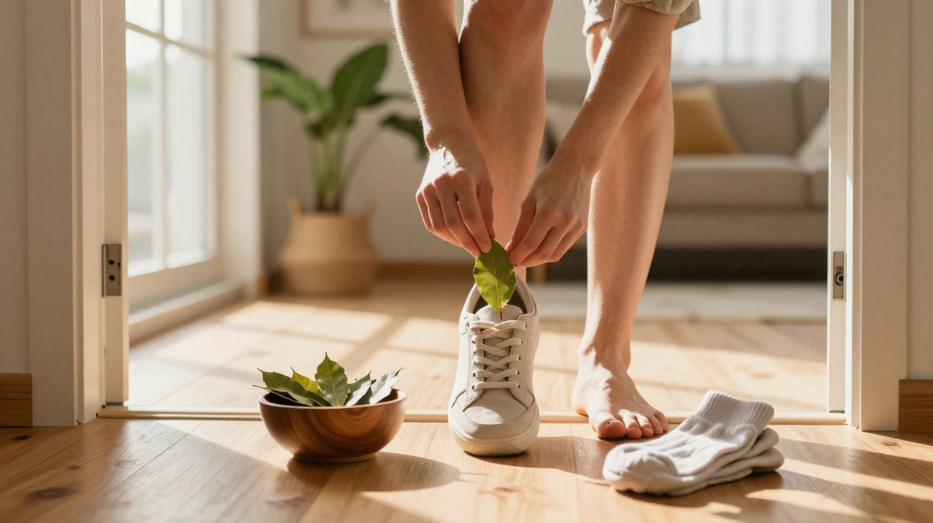 Person placing a green leaf inside a white sneaker on a wooden floor with a bowl of leaves nearby.
