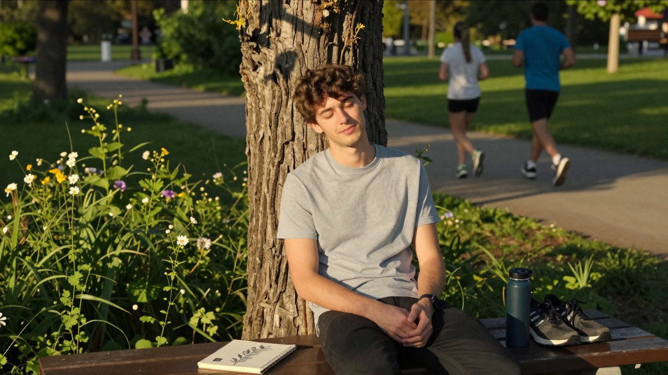 Young man relaxing on a park bench leaning against a tree, with joggers passing by on a path nearby.