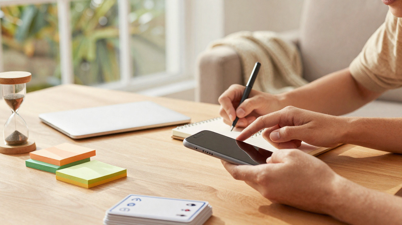 Person holding a smartphone and writing in a notebook on a wooden desk with sticky notes and an hourglass nearby.