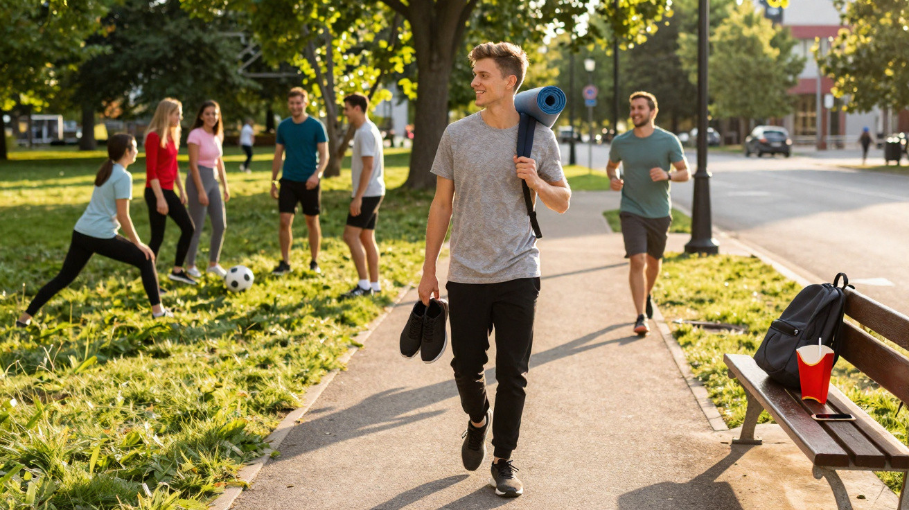 Young man walking on a park path holding shoes and a yoga mat with friends playing football nearby.