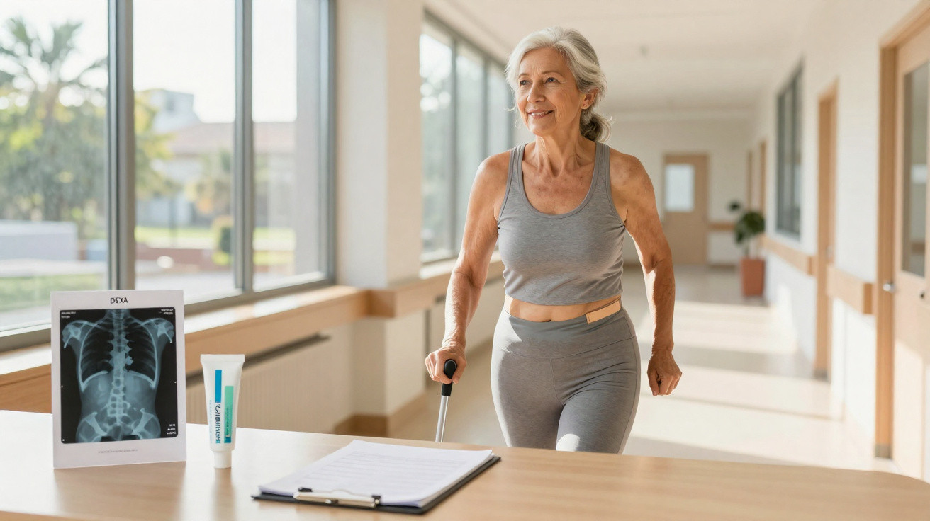 Senior woman using a walking cane and exercising in a bright, modern medical or rehabilitation facility.