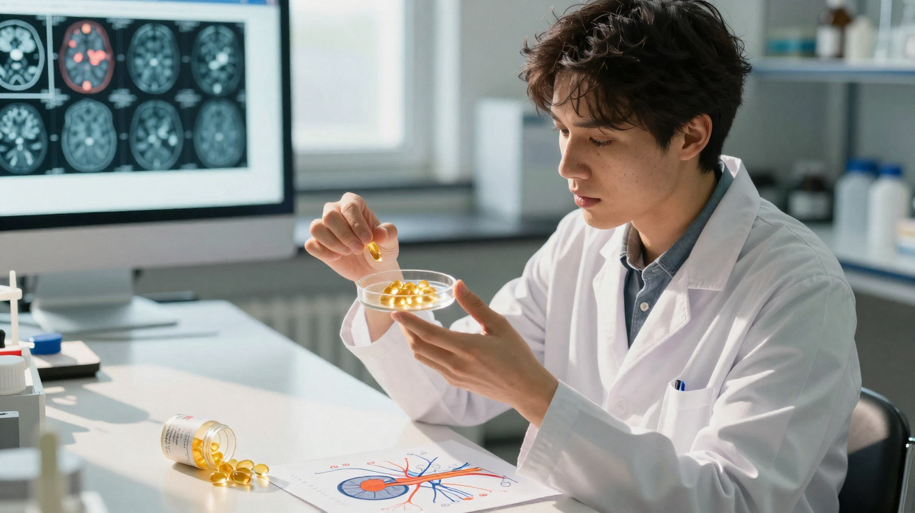 Scientist in lab coat examining yellow capsules in petri dish with brain scans on computer in background.