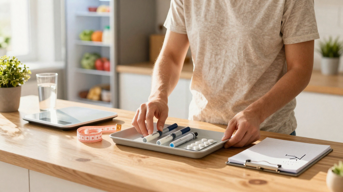 Person preparing diabetes supplies including insulin pens and tablets on a kitchen counter with a glucose chart nearby.
