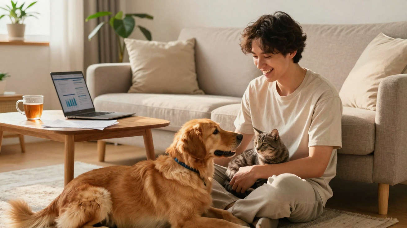 Young man sitting on the floor at home with a cat on his lap and a golden retriever by his side.