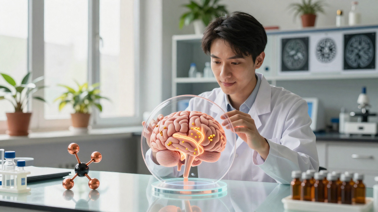 Scientist in lab coat examining a detailed 3D brain model with neural pathways highlighted on a glass table.