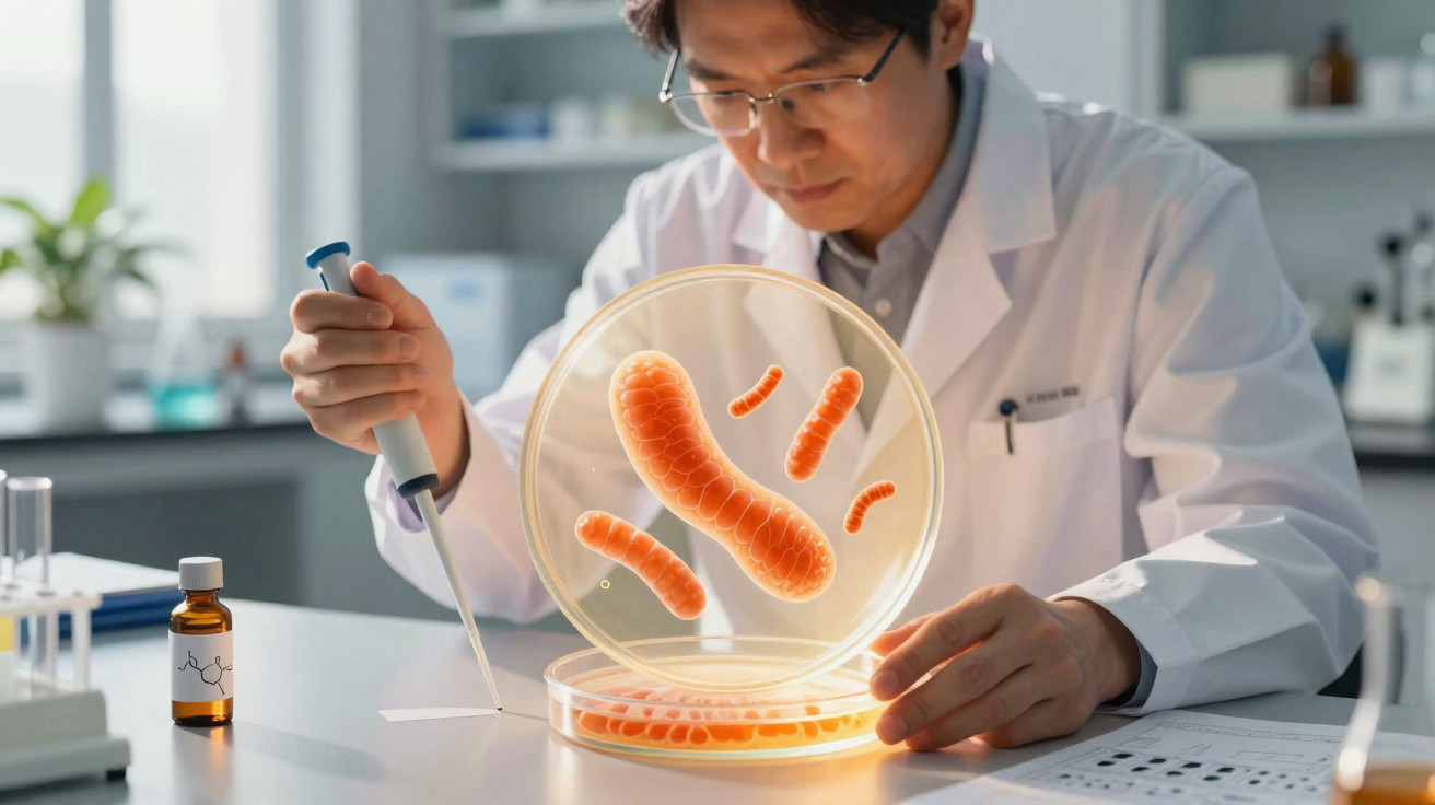 Scientist in lab coat using pipette to study enlarged bacteria in a glowing petri dish.