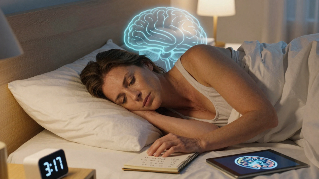 Woman sleeping in bed with a glowing brain illustration above her head, tablet with brain image nearby, clock shows 3:17 AM.