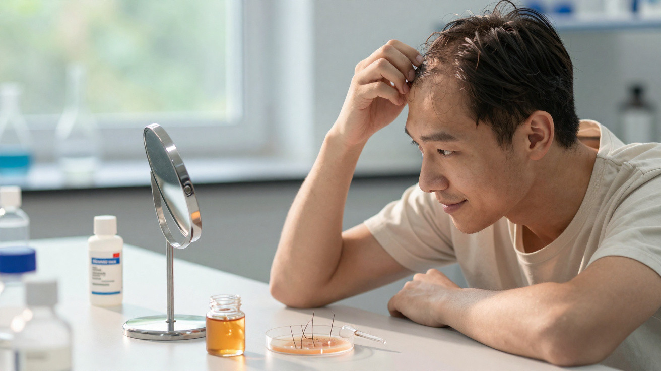 Man examining hair strands in a petri dish while sitting at a table with a mirror and solutions nearby