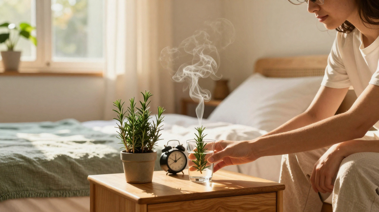 Person holding a smoking glass with a herb next to a potted plant and alarm clock on a bedside table.